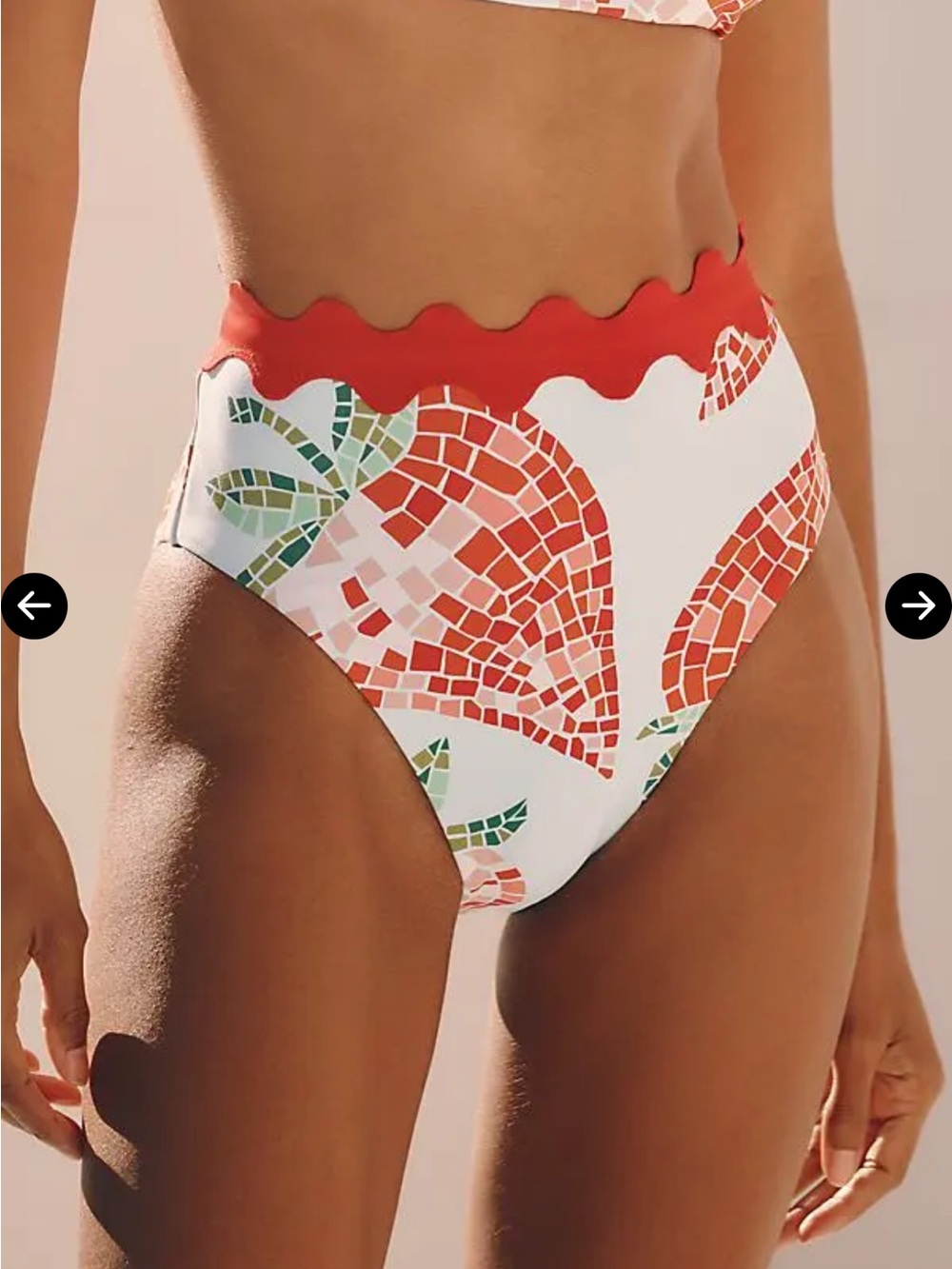 Anthropologie White High-Waist Bikini Bottoms with Red Mosaic & Green Accents